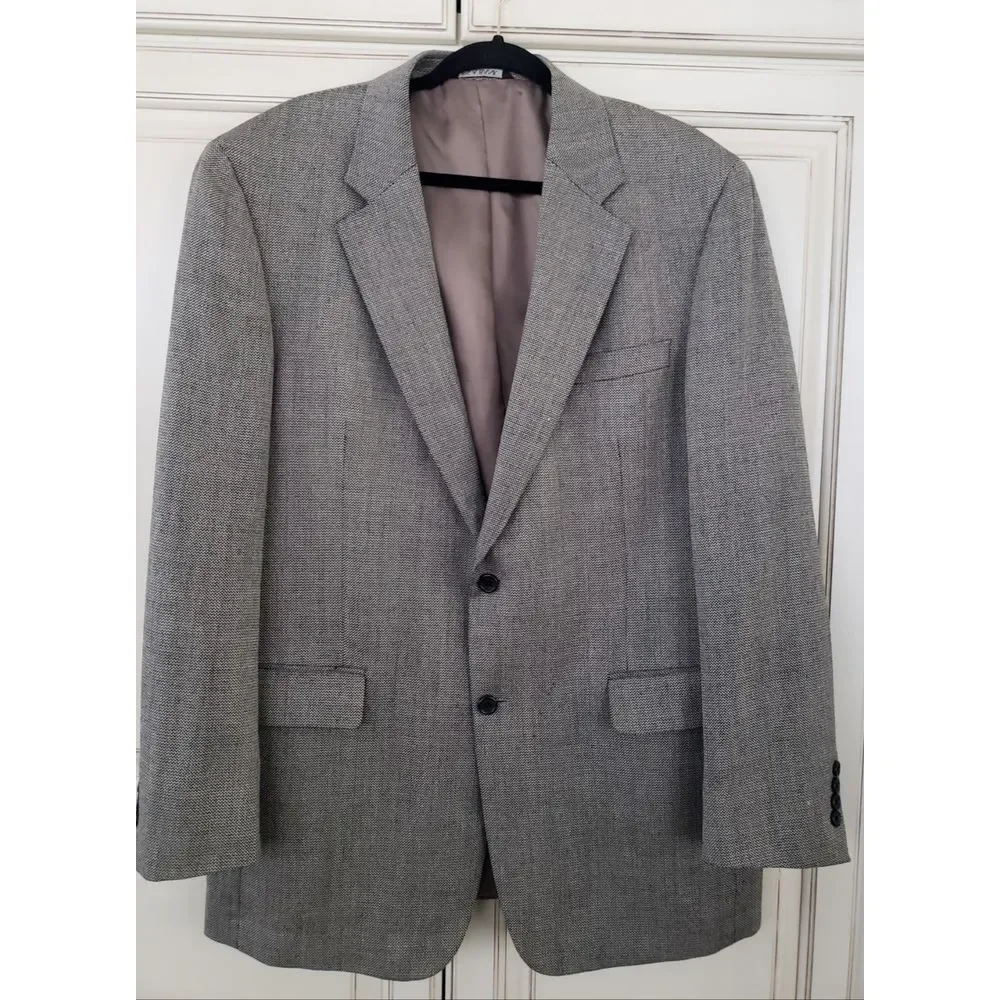 Jos A Bank 100% Wool Sport Coat Blazer Black White Tan 44L‎